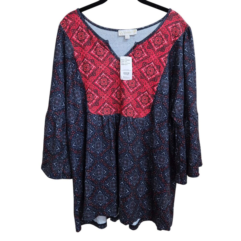 Suzanne Betro Weekend 3X Handkerchief Print Top 3/4 bell sleeve Red White Blue